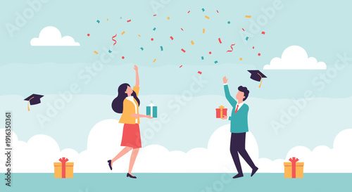 Graduation celebration with confetti and gift exchange in minimalist style