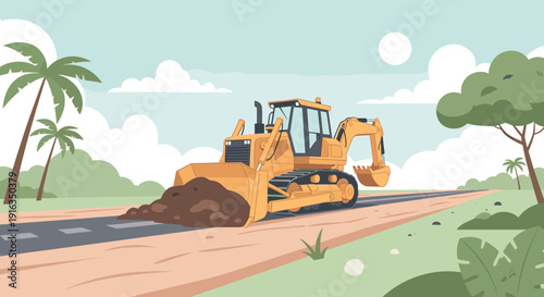 Heavy construction equipment in tropical landscape with backhoe and bulldozer on road