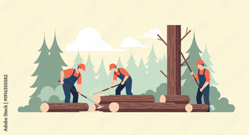 Fototapeta premium Forestry workers logging scene in flat style with trees and lumber