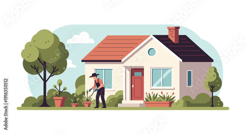 Gardener tending plants beside suburban home in minimalist art style