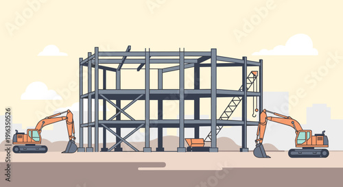 Flat style construction site with heavy machinery and steel framework