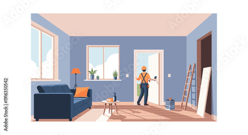Cozy home renovation scene with handy worker in modern living room