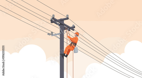 Utility worker climbing utility pole in flat style under blue sky