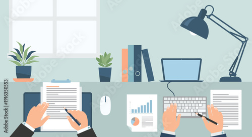 Flat design office workspace with hands, laptop, and desk lamp in modern interior