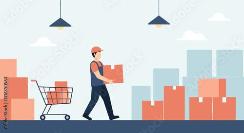 Warehouse worker carrying box in modern flat style