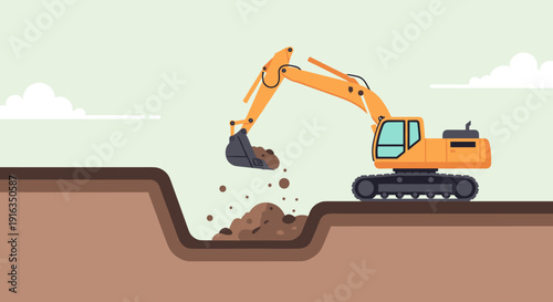 Excavator digging in construction site with flat design style