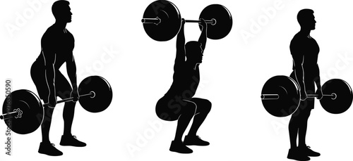 Weightlifting athlete silhouettes performing barbell exercises isolated on white background strength training fitness workout vector illustration set