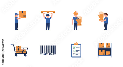 Warehouse and delivery icons set featuring workers, cartons, and equipment in flat style