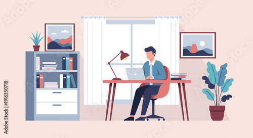 Cozy home office with modern furniture and minimalist design elements