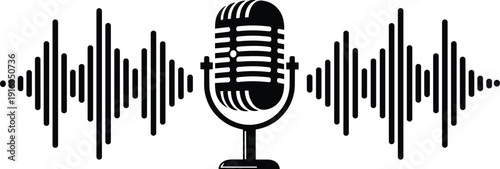 Vintage microphone with sound wave audio signal isolated on white background podcast radio recording vector illustration design