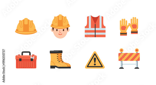 Construction safety equipment icons set: helmets, gloves, tools, and more
