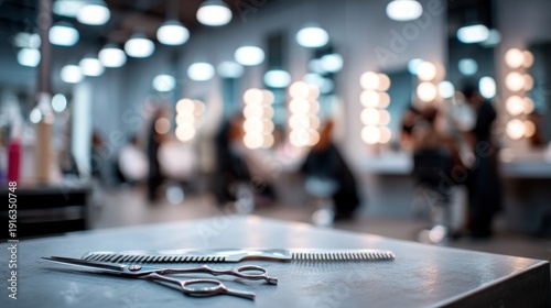 Hair salon tools on table with blurred background of customers and lights
