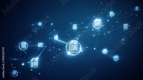 Abstract illustration of data network and digital documents on transparent background
