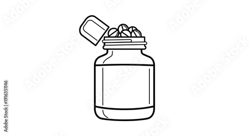 Open Pill Bottle with Tablets, Medical Healthcare Concept, Simple Line Art Icon