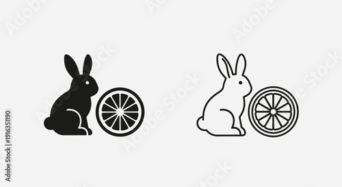 Black and white bunny with bicycle wheel, vector illustration, minimalist design Vector