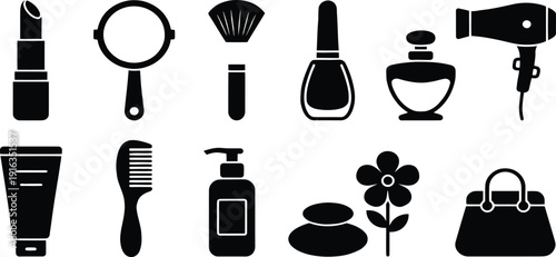 Beauty, fashion, and cosmetics solid icon set isolated on white background. Collection of feminine care symbols including lipstick, mirror, perfume, nail polish, hair dryer, and spa stones.