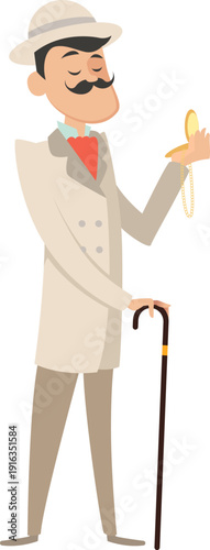 Victorian man look at pocket watch cartoon character