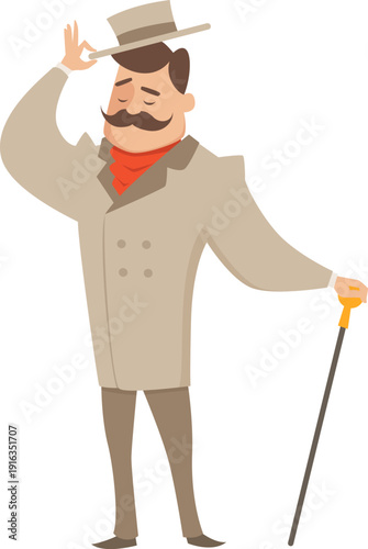 Greeting gentleman lift hat. Cartoon man character