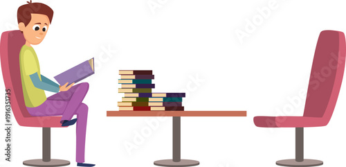 Young man reading books. Study cartoon icon