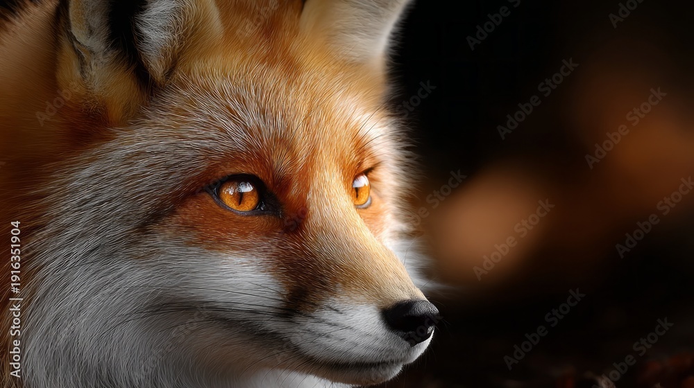Fototapeta premium The charming fox gazes intently, its sharp amber eyes reflecting the warm glow of the golden hour. Surrounded by soft, blurred hues of the forest, it embodies wild beauty and grace.