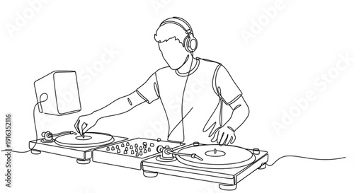 Dj mixing music on turntables with headphones on sound equipment and speaker in a lively atmosphere