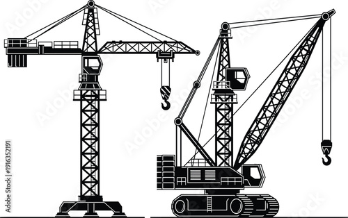 Construction crane silhouette illustration set showing tower and crawler cranes for building industry engineering heavy machinery vector