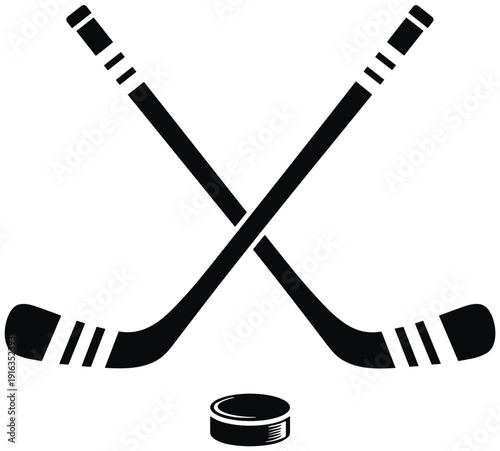 Crossed hockey sticks with puck silhouette illustration representing ice hockey sport competition team game vector symbol design