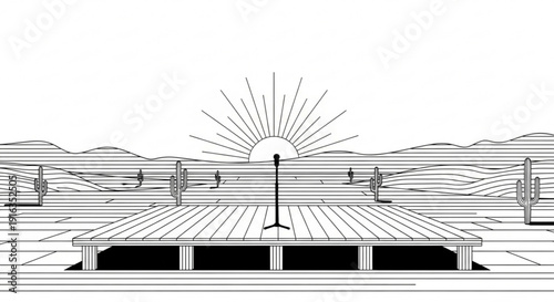 Microphone on stage with sunrise background minimalist black and white illustration wooden deck abstract landscape performance setting serene atmosphere