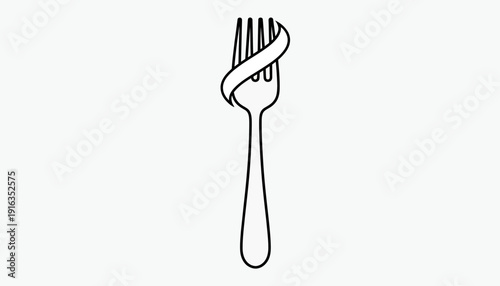 Minimalist line art of a fork with a ribbon wrapped around tines, representing food and dining