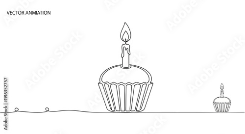 Minimalist single line drawing of birthday cupcakes with lit candles on a white background