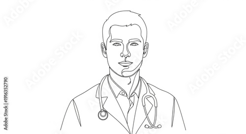 Male doctor portrait with stethoscope around neck simple line art illustration professional medical staff white background healthcare professional illustration