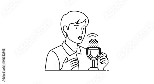 Man Speaking into Microphone, Voice Recording, Podcasting, Interview, Presentation, Line Art Illustration