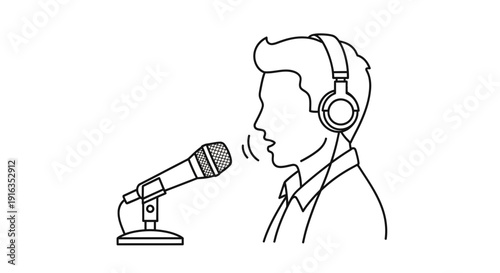 Man Speaking into Microphone with Headphones, Recording Voice, Podcasting, Voiceover