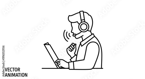 Man with headset talking on laptop, online communication, customer support, vector animation
