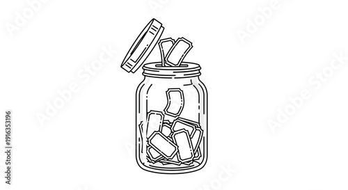 Jar filled with tickets or coupons, hand-drawn illustration, concept of chance, lottery, or rewards