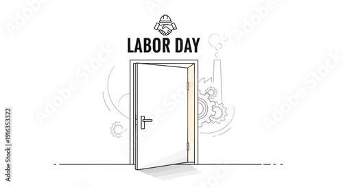 Labor Day Open Door Concept with Industrial Elements and Handshake Icon
