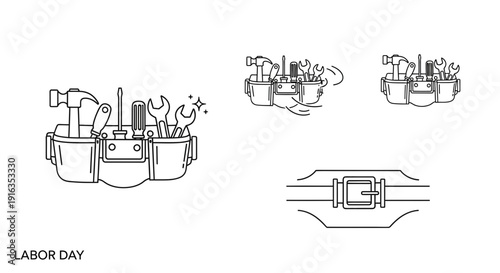 Labor Day Tool Belt with Tools, Hammer, Wrenches, Screwdriver - Vector Line Art