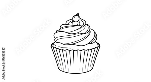 Hand-drawn sketch of a delicious cupcake with swirling frosting and a cherry on top, isolated on white background.