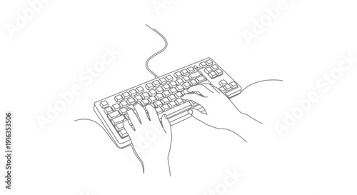 Hands typing on a computer keyboard, close-up line art illustration