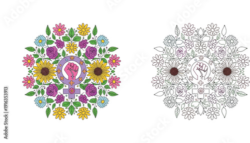 International Women's Day floral mandala with raised fist and venus symbol vector illustration set. Feminist girl power emblem with flowers and coloring page outline.