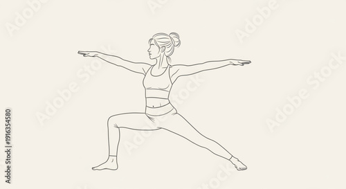 Woman in warrior ii yoga pose with outstretched arms and bent front leg on beige background illustrating balance and strength in fitness and wellness routine