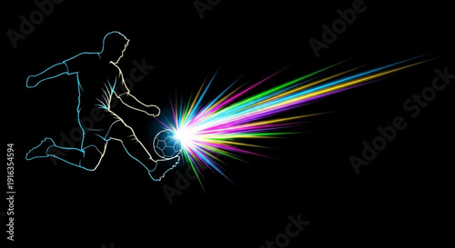 Soccer player kicking ball with vibrant colorful light trails on black background dynamic action scene