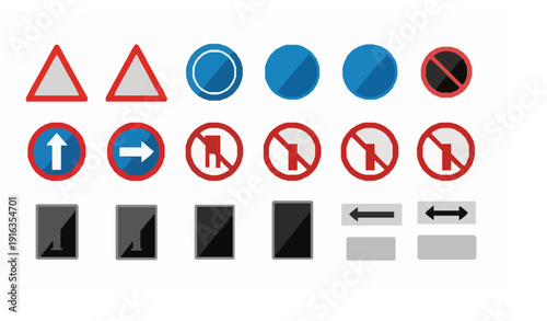 Grid layout road traffic sign set with complete warning prohibition mandatory and information icons