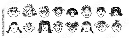 Set of cute doodle avatars. Funny child portraits with different emotions. Kids faces with happy and sad expressions. Outline children. Hand drawn isolated vector illustrations on white background