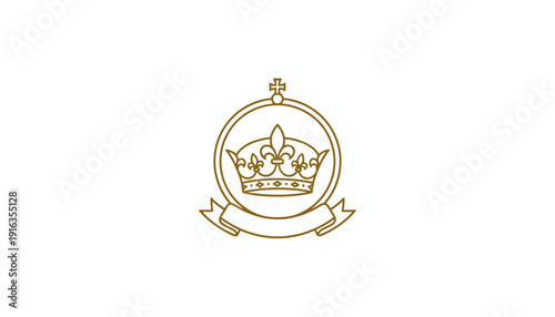 Golden Crown Emblem with Ribbon on White Background, Royal Symbol, Heraldic Design