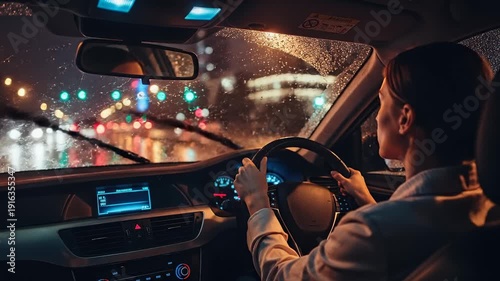 Woman driving car at night in rain with city lights bokeh background.