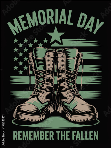 Memorial day poster with combat boots and distressed american flag honoring fallen service members in a bold vintage illustration style for remembrance tribute patriotism veterans and holiday graphics