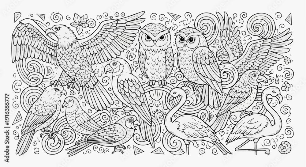 Obraz premium Black and White Animal Doodle Illustration Full Page Packed Coloring Book Style