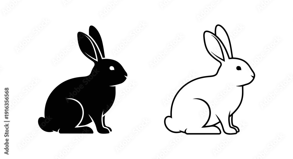 Fototapeta premium Two silhouette rabbits, one black and one white, sitting side by side Vector