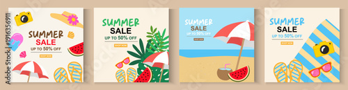 Summer backgrounds, cards, banner templates.  Summer sale festival promotion poster yellow and light blue concept design with tropical beach elements and wooden coconut,sun on blue sky background.